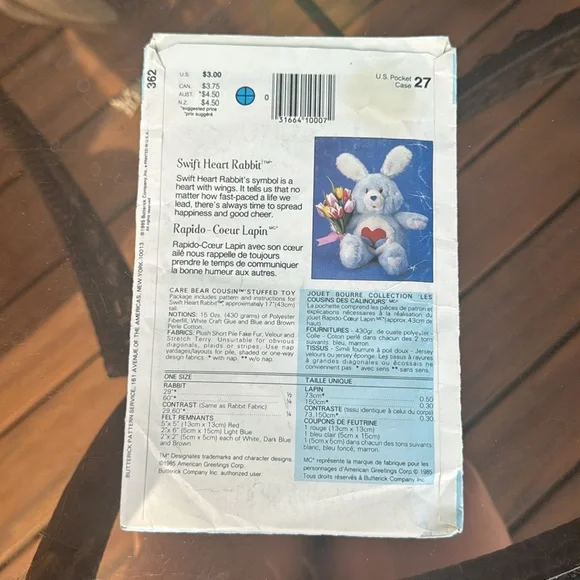 Butterick Swift Heart Rabbit Pattern - Picture 2 of 3